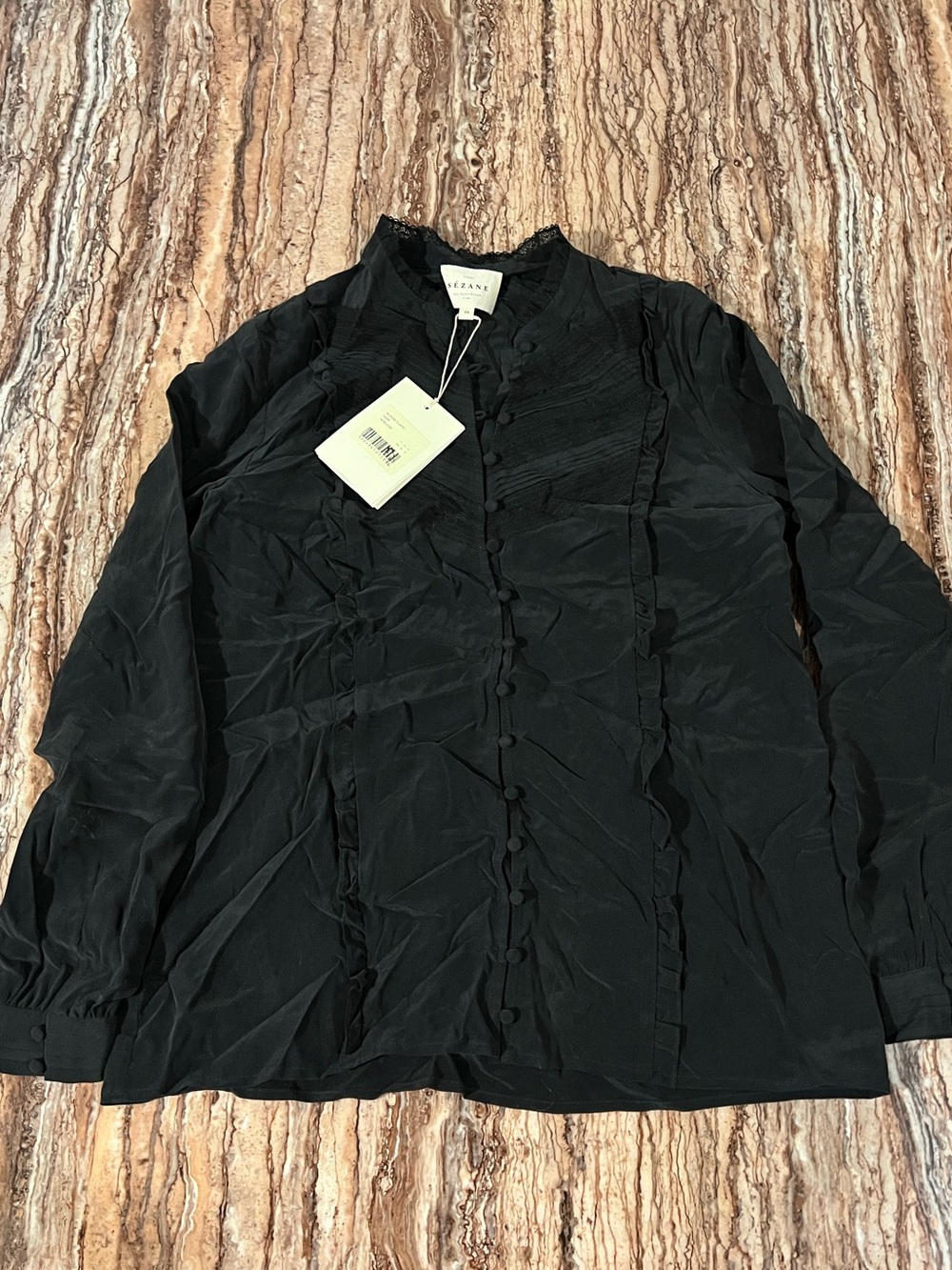 Black Ruffled Button-Front Blouse